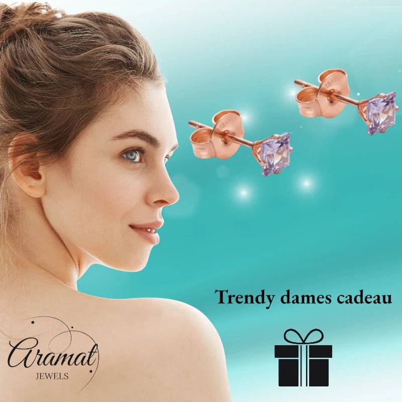 Oorbellen – RVS Roségoudkleur met Lila Vierkante Zirkonia (3mm) - Aramat Jewels - Oorbellen - cadeautip