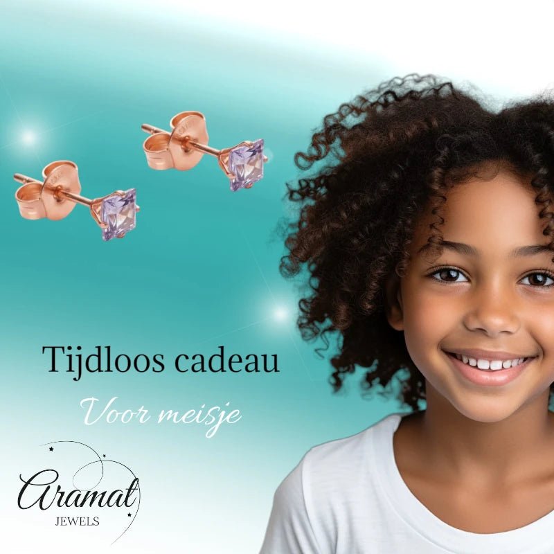 Oorbellen – RVS Roségoudkleur met Lila Vierkante Zirkonia (3mm) - Aramat Jewels - Oorbellen - cadeautip