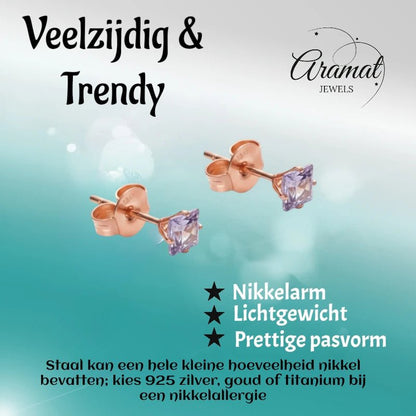 Oorbellen – RVS Roségoudkleur met Lila Vierkante Zirkonia (3mm) - Aramat Jewels - Oorbellen - cadeautip