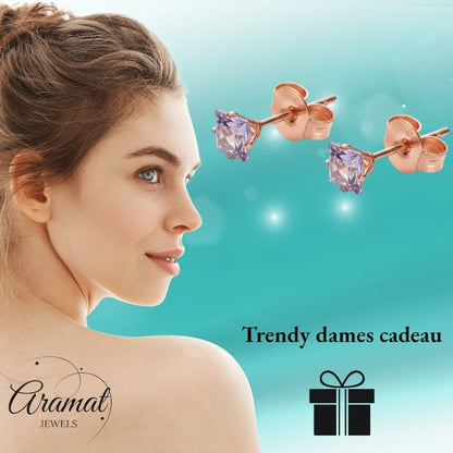 Oorbellen – RVS Roségoudkleur met Lila Vierkante Zirkonia (4mm) - Aramat Jewels - Oorbellen - cadeautip