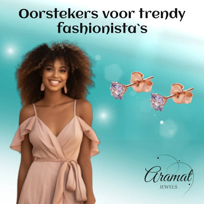 Oorbellen – RVS Roségoudkleur met Lila Vierkante Zirkonia (4mm) - Aramat Jewels - Oorbellen - cadeautip