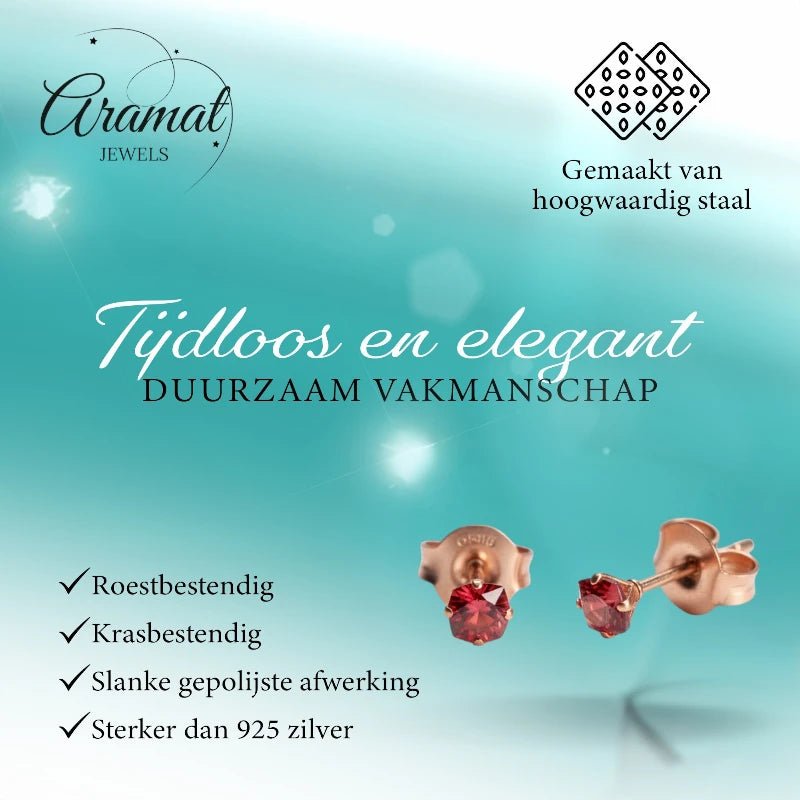 Oorbellen – RVS Roségoudkleur met Rode Vierkante Zirkonia (3mm) - Aramat Jewels - Oorbellen - cadeautip