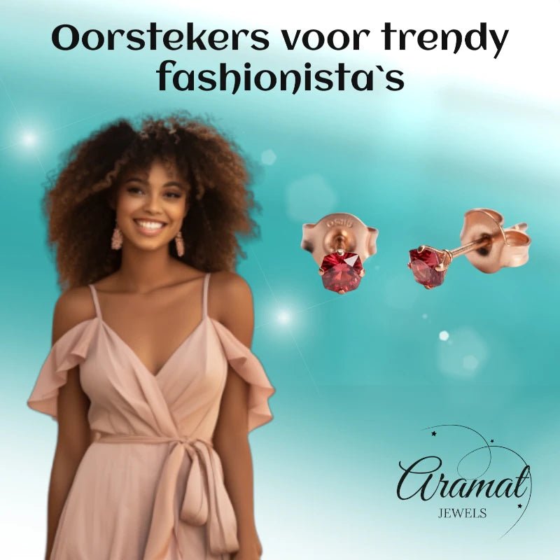 Oorbellen – RVS Roségoudkleur met Rode Vierkante Zirkonia (3mm) - Aramat Jewels - Oorbellen - cadeautip