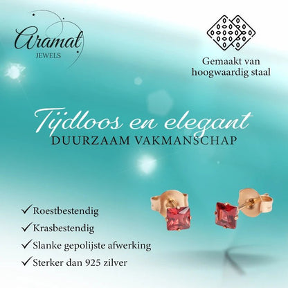 Oorbellen – RVS Roségoudkleur met Rode Vierkante Zirkonia (4mm) - Aramat Jewels - Oorbellen - cadeautip