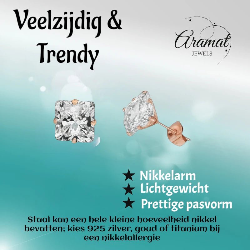 Oorbellen – RVS Roségoudkleur met Vierkante Zirkonia (3mm) - Aramat Jewels - Oorbellen - cadeautip