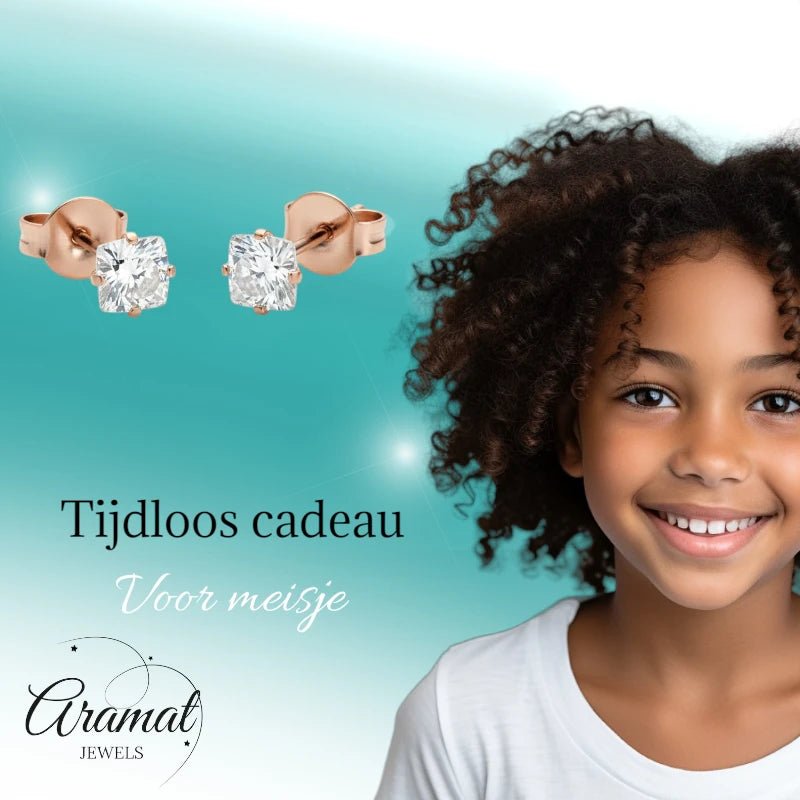 Oorbellen – RVS Roségoudkleur met Vierkante Zirkonia (4mm) - Aramat Jewels - Oorbellen - cadeautip