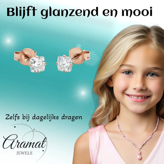 Oorbellen – RVS Roségoudkleur met Vierkante Zirkonia (4mm) - Aramat Jewels - Oorbellen - cadeautip