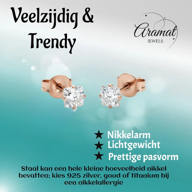 Oorbellen – RVS Roségoudkleur met Vierkante Zirkonia (4mm) - Aramat Jewels - Oorbellen - cadeautip
