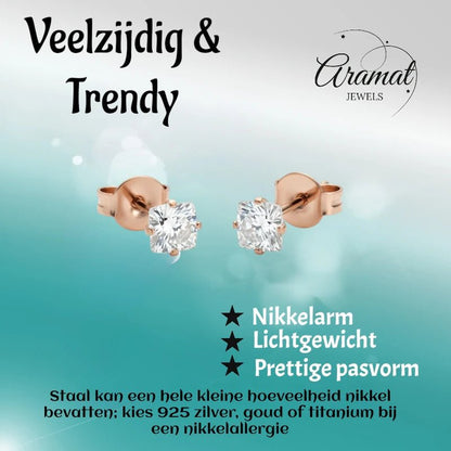Oorbellen – RVS Roségoudkleur met Vierkante Zirkonia (4mm) - Aramat Jewels - Oorbellen - cadeautip