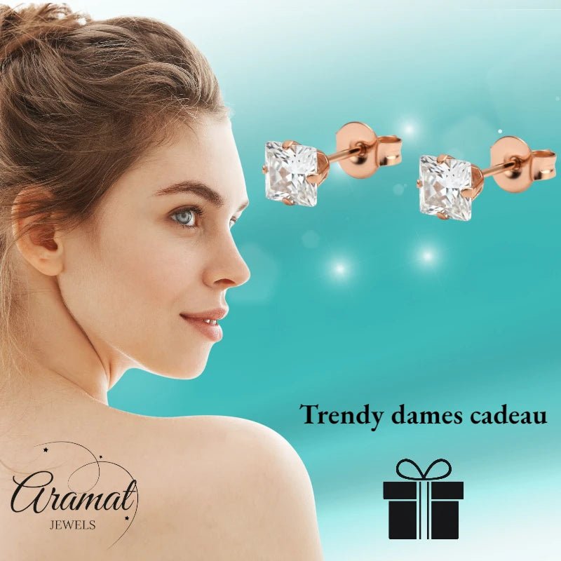 Oorbellen – RVS Roségoudkleur met Vierkante Zirkonia (5mm) - Aramat Jewels - Oorbellen - cadeautip