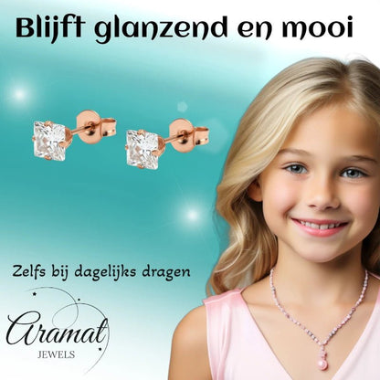 Oorbellen – RVS Roségoudkleur met Vierkante Zirkonia (5mm) - Aramat Jewels - Oorbellen - cadeautip