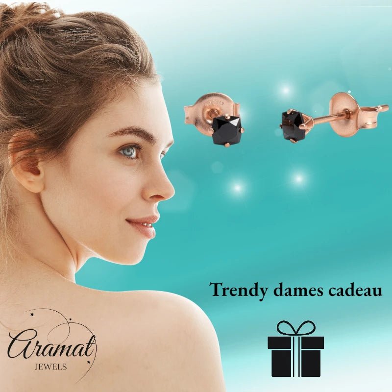 Oorbellen – RVS Roségoudkleur met Zwarte Vierkante Zirkonia (3mm) - Aramat Jewels - Oorbellen - cadeautip