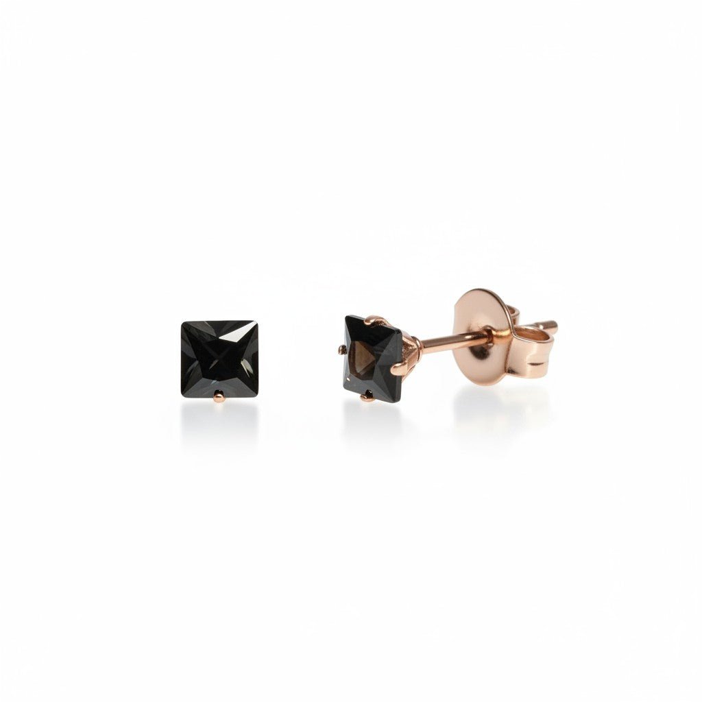 Oorbellen – RVS Roségoudkleur met Zwarte Vierkante Zirkonia (4mm) - Aramat Jewels - Oorbellen - cadeautip