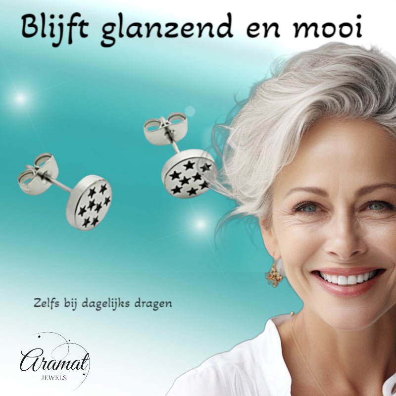 Oorbellen – RVS Sterrenpatroon Zilver/Zwart (8mm) - Aramat Jewels - Oorbellen - cadeautip