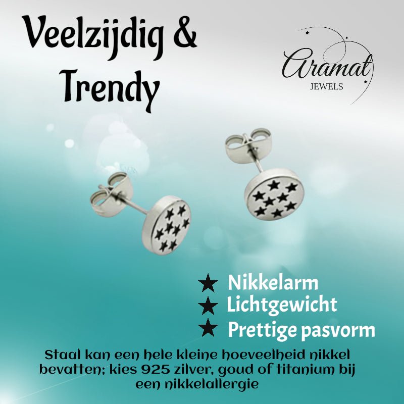 Oorbellen – RVS Sterrenpatroon Zilver/Zwart (8mm) - Aramat Jewels - Oorbellen - cadeautip