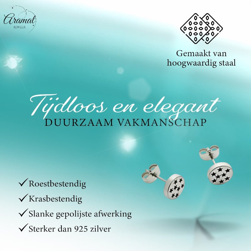 Oorbellen – RVS Sterrenpatroon Zilver/Zwart (8mm) - Aramat Jewels - Oorbellen - cadeautip