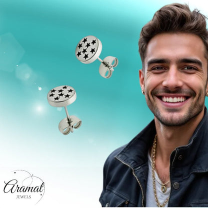 Oorbellen – RVS Sterrenpatroon Zilver/Zwart (8mm) - Aramat Jewels - Oorbellen - cadeautip