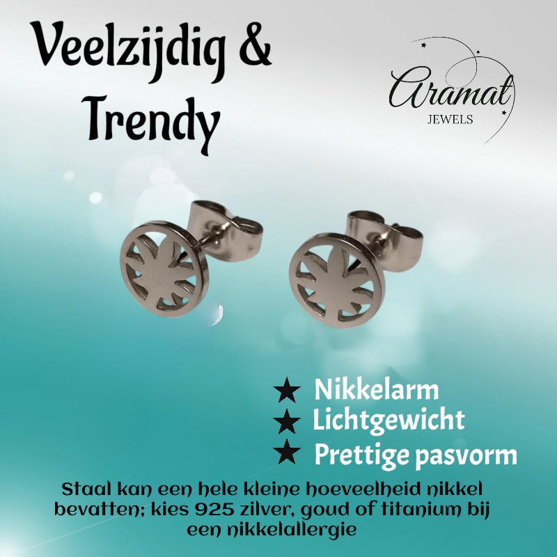 Oorbellen – RVS Weedblad (8mm) Zilverkleurig - Aramat Jewels - Oorbellen - cadeautip