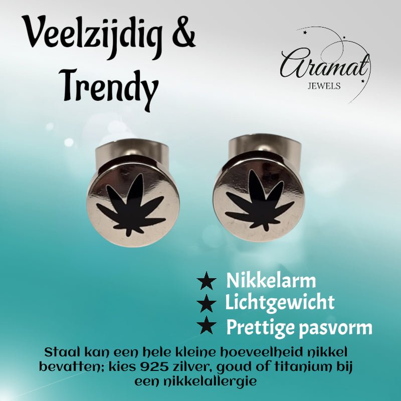 Oorbellen – RVS Wietblad Zilver/Zwart (8mm) - Aramat Jewels - Oorbellen - cadeautip