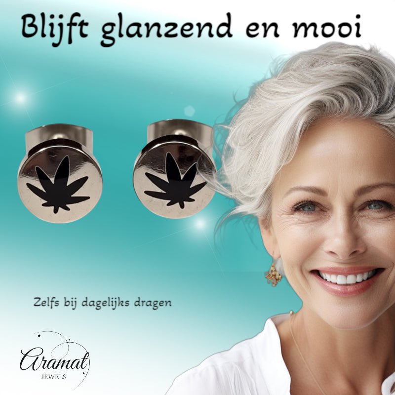 Oorbellen – RVS Wietblad Zilver/Zwart (8mm) - Aramat Jewels - Oorbellen - cadeautip