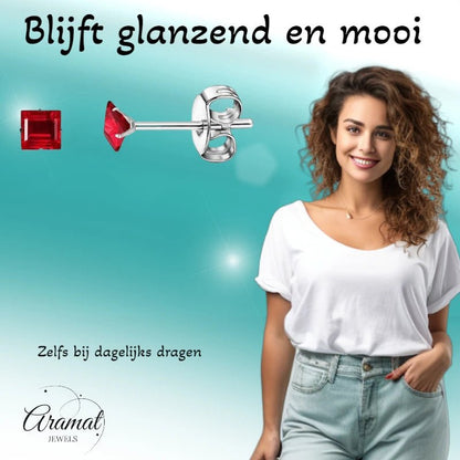Oorbellen – RVS Zilverkleur met Rode Vierkante Zirkonia (3mm) - Aramat Jewels - Oorbellen - cadeautip