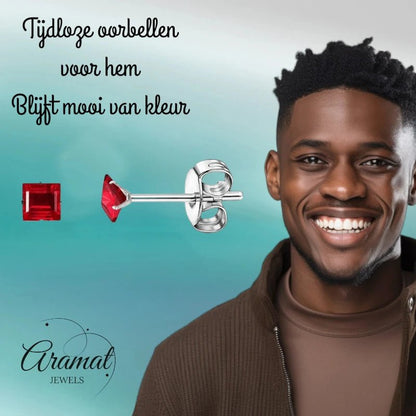 Oorbellen – RVS Zilverkleur met Rode Vierkante Zirkonia (3mm) - Aramat Jewels - Oorbellen - cadeautip