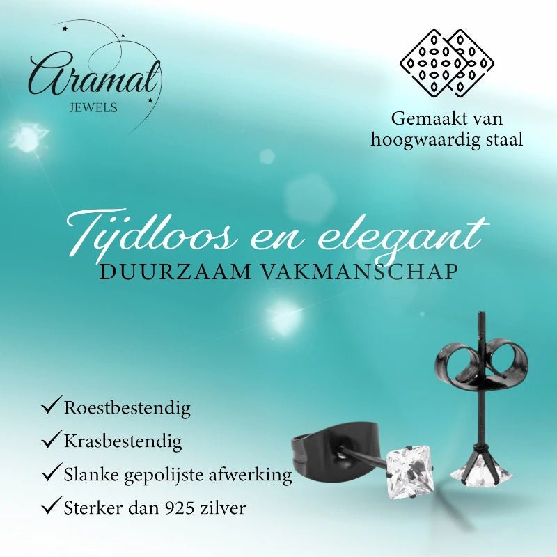 Oorbellen – RVS Zwartkleur met Vierkante Zirkonia (3mm) - Aramat Jewels - Oorbellen - cadeautip
