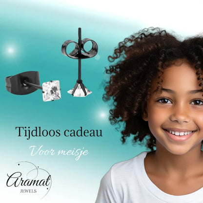 Oorbellen – RVS Zwartkleur met Vierkante Zirkonia (3mm) - Aramat Jewels - Oorbellen - cadeautip