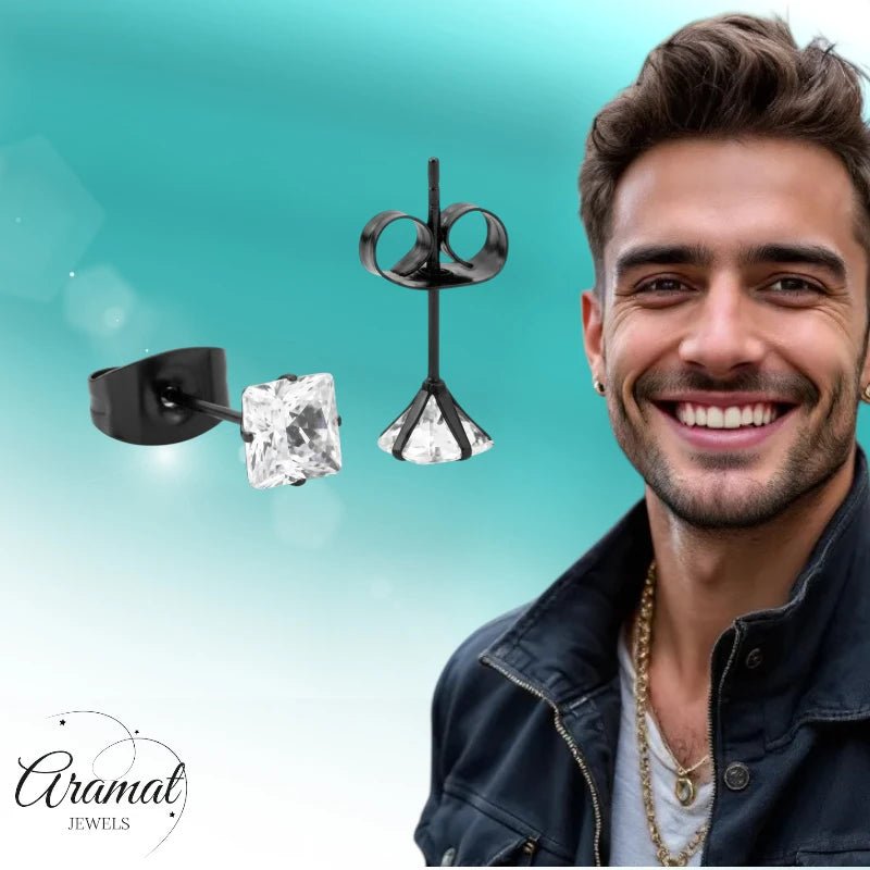 Oorbellen – RVS Zwartkleur met Vierkante Zirkonia (4mm) - Aramat Jewels - Oorbellen - cadeautip