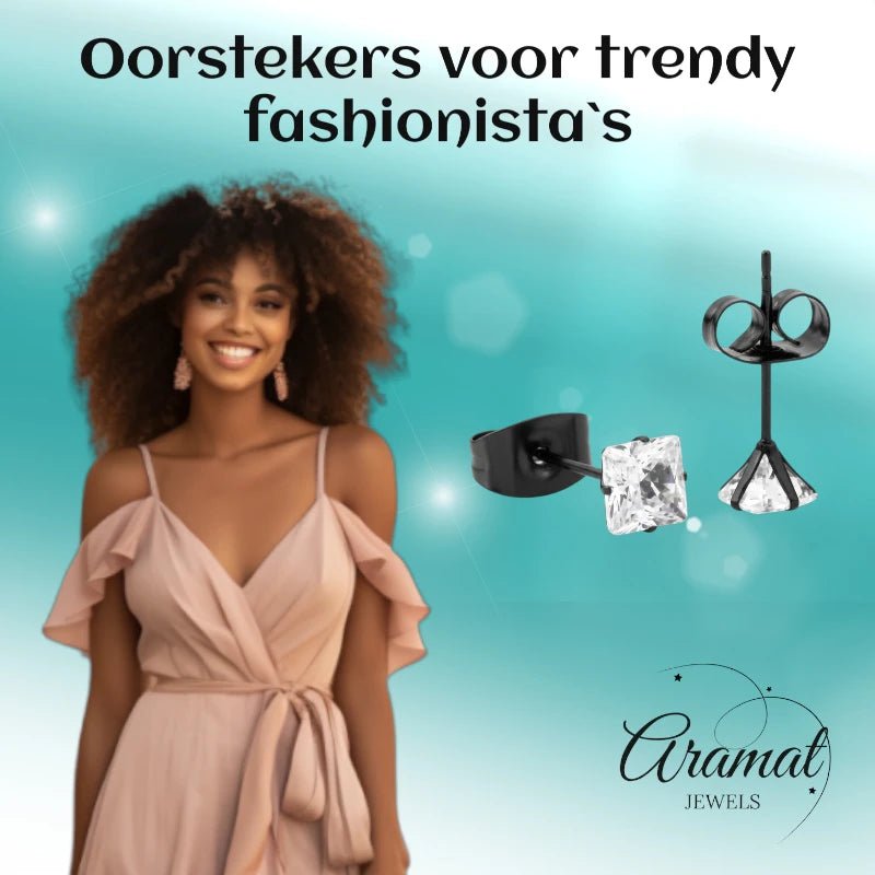 Oorbellen – RVS Zwartkleur met Vierkante Zirkonia (4mm) - Aramat Jewels - Oorbellen - cadeautip