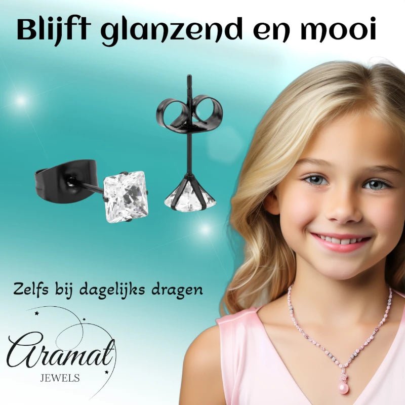 Oorbellen – RVS Zwartkleur met Vierkante Zirkonia (4mm) - Aramat Jewels - Oorbellen - cadeautip