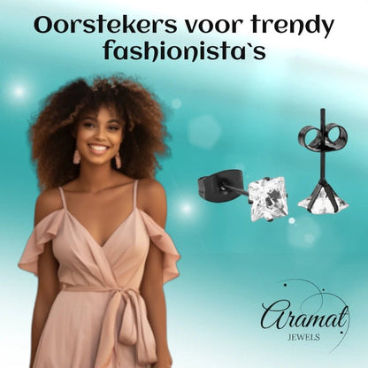 Oorbellen – RVS Zwartkleur met Vierkante Zirkonia (5mm) - Aramat Jewels - Oorbellen - cadeautip
