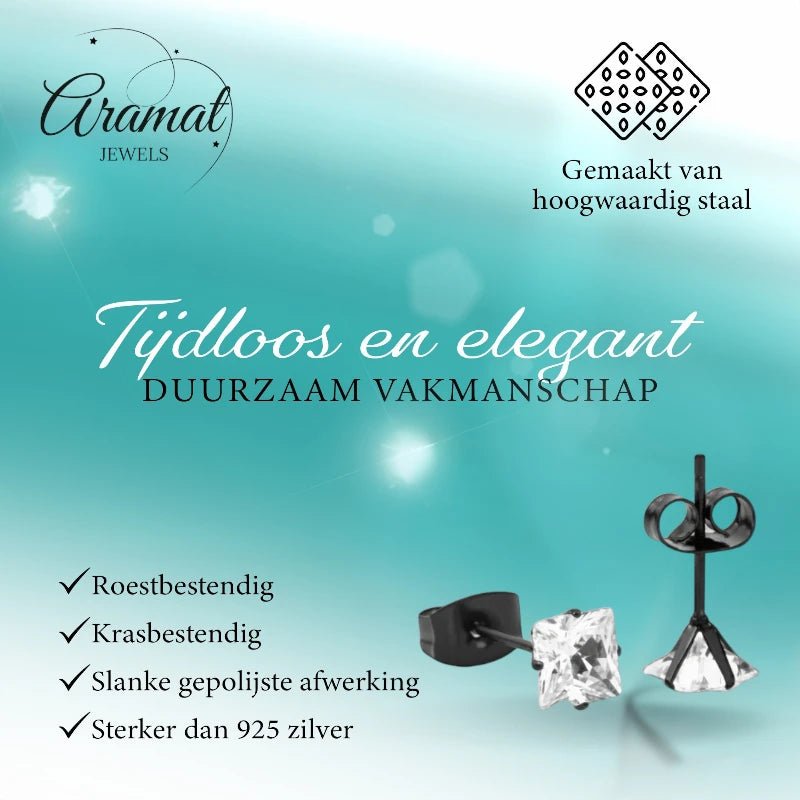 Oorbellen – RVS Zwartkleur met Vierkante Zirkonia (5mm) - Aramat Jewels - Oorbellen - cadeautip