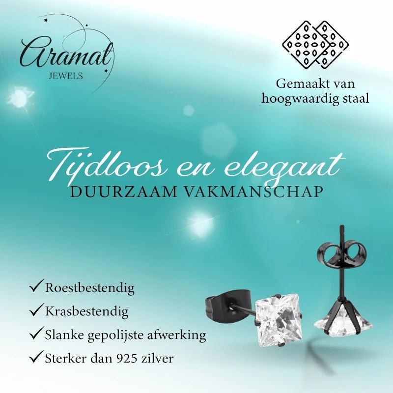Oorbellen – RVS Zwartkleur met Vierkante Zirkonia (6mm) - Aramat Jewels - Oorbellen - cadeautip