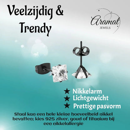 Oorbellen – RVS Zwartkleur met Vierkante Zirkonia (6mm) - Aramat Jewels - Oorbellen - cadeautip