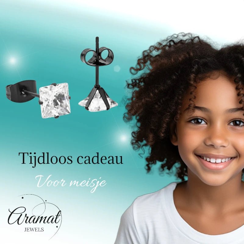 Oorbellen – RVS Zwartkleur met Vierkante Zirkonia (6mm) - Aramat Jewels - Oorbellen - cadeautip
