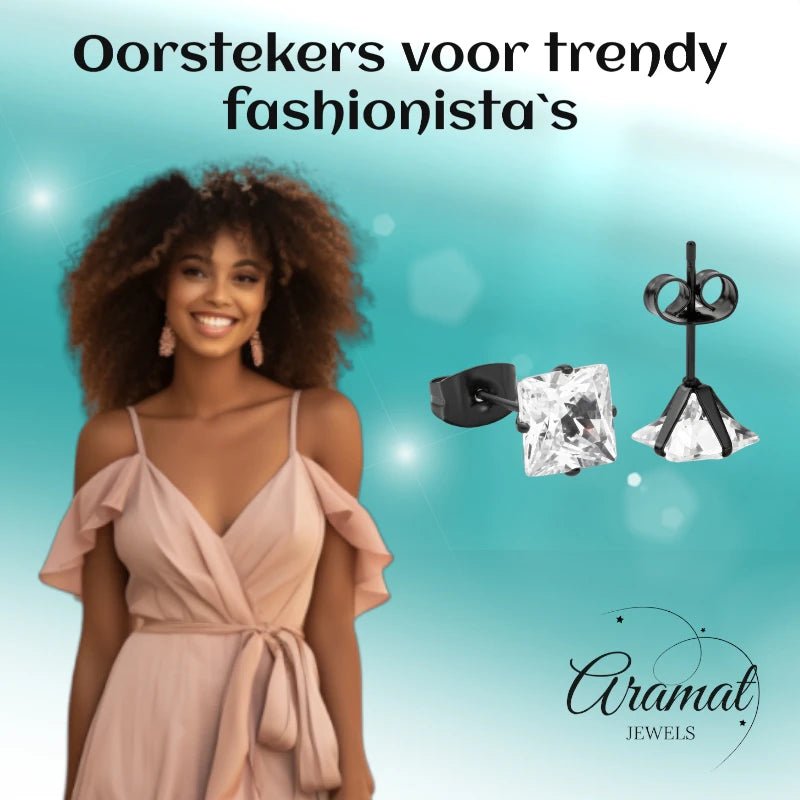 Oorbellen – RVS Zwartkleur met Vierkante Zirkonia (7mm) - Aramat Jewels - Oorbellen - cadeautip