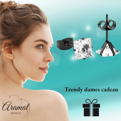 Oorbellen – RVS Zwartkleur met Vierkante Zirkonia (7mm) - Aramat Jewels - Oorbellen - cadeautip
