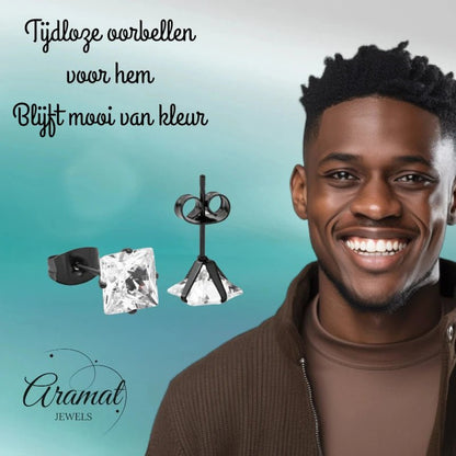 Oorbellen – RVS Zwartkleur met Vierkante Zirkonia (7mm) - Aramat Jewels - Oorbellen - cadeautip