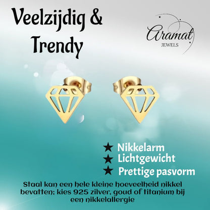 Oorbellen – Staal Diamant Vorm Kristal Goudkleurig (9mm) - Aramat Jewels - Oorbellen - cadeautip