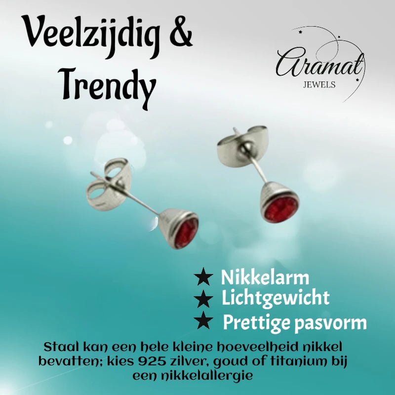 Oorbellen – Staal Kristal Rood (5mm) - Aramat Jewels - Oorbellen - cadeautip