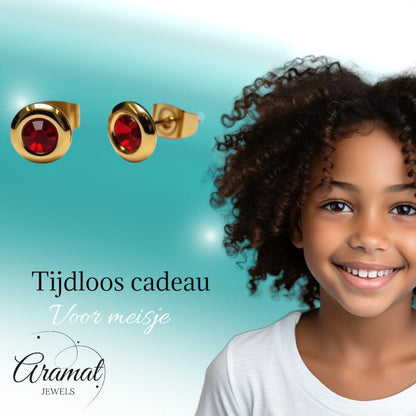 Oorbellen – Staal Rode Kristal Goudkleurig (8mm) - Aramat Jewels - Oorbellen - cadeautip