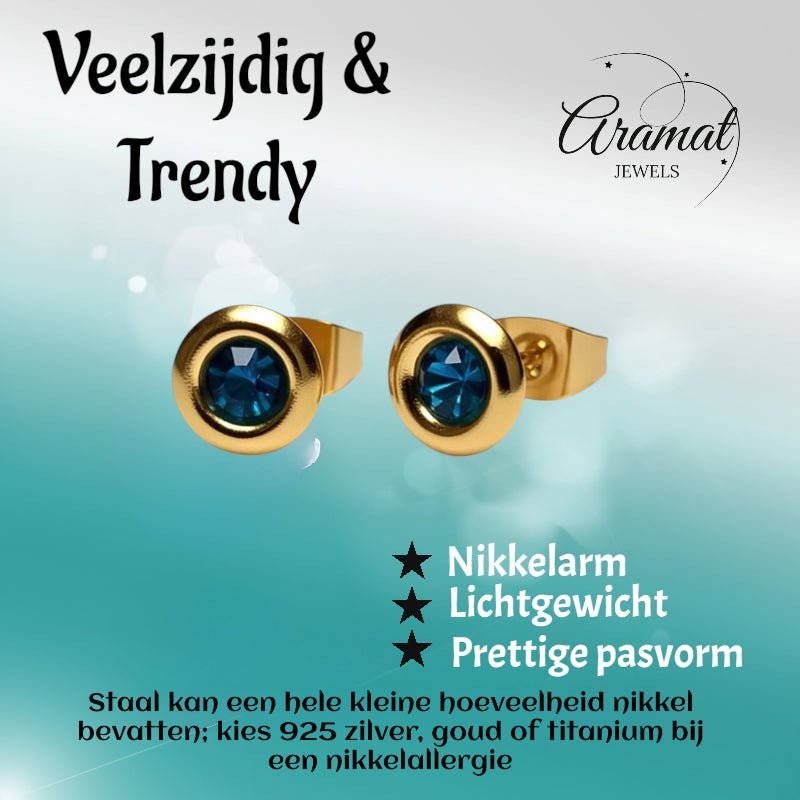 Oorbellen – Staal Zeegroene Kristal Goudkleurig (8mm) - Aramat Jewels - Oorbellen - cadeautip