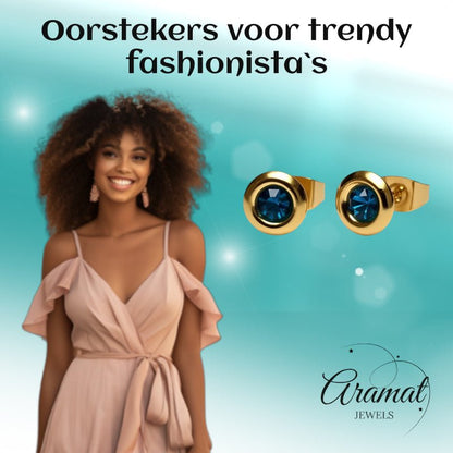 Oorbellen – Staal Zeegroene Kristal Goudkleurig (8mm) - Aramat Jewels - Oorbellen - cadeautip