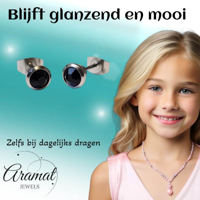 Oorbellen – Staal Zwarte Kristal Zilverkleurig (6mm) - Aramat Jewels - Oorbellen - cadeautip
