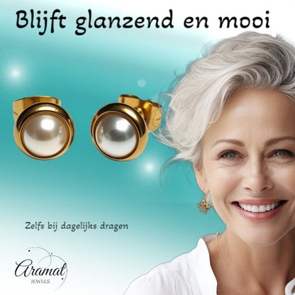 Oorknopjes – Parel Wit Goudkleurig (8mm) - Aramat Jewels - Oorbellen - cadeautip