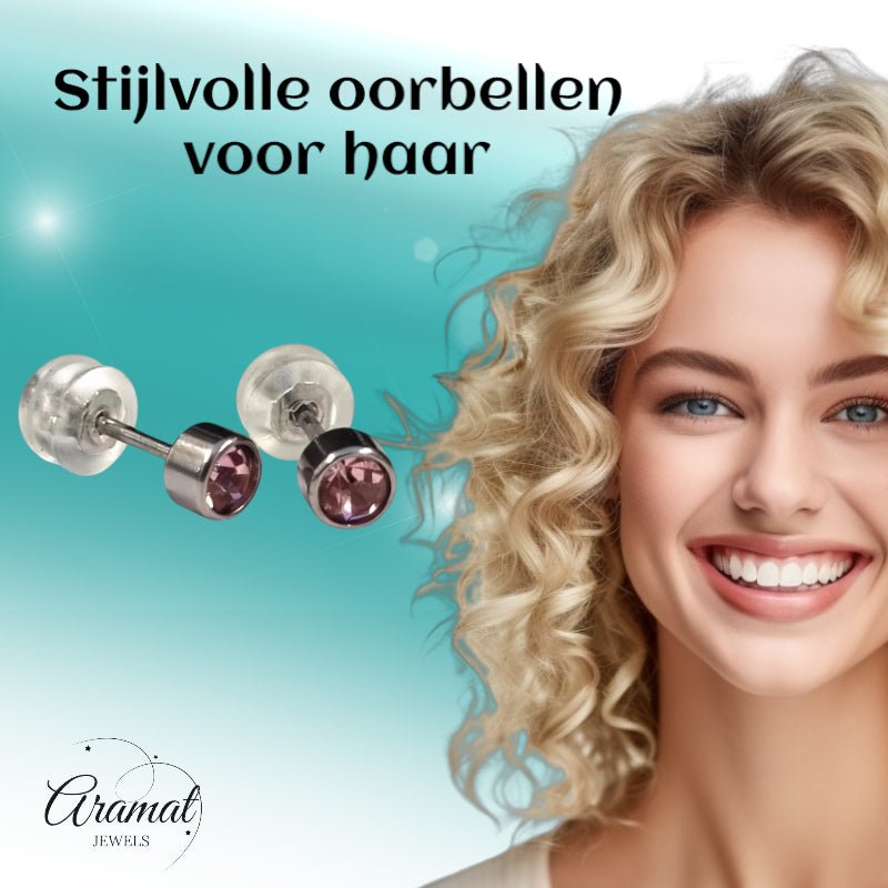 Oorknopjes – RVS 4mm met Roze Zirkonia - Aramat Jewels - Oorbellen - cadeautip