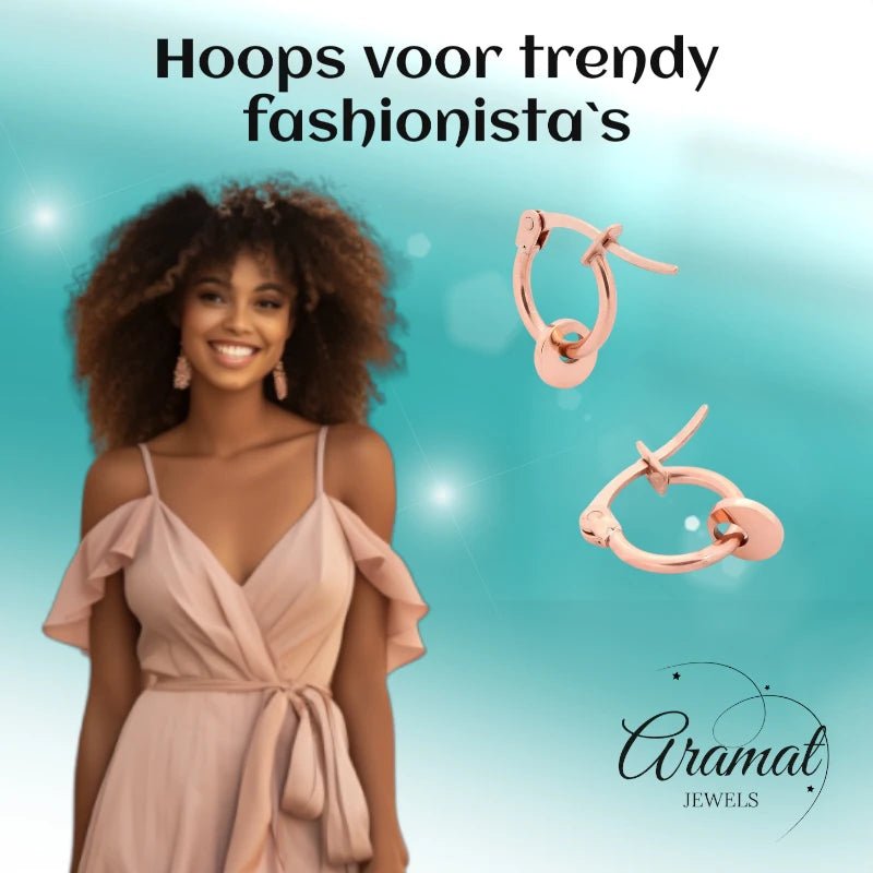 Oorringen – 10mm Mini Creolen met Rond Muntje RVS Rosékleur Dames - Aramat Jewels - Oorringen - cadeautip