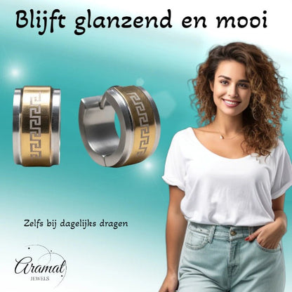 Oorringen – 13mm Mini Creool Grieks Motief RVS Bicolor Unisex - Aramat Jewels - Oorringen - cadeautip