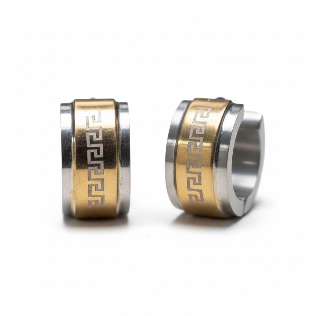 Oorringen – 13mm Mini Creool Grieks Motief RVS Bicolor Unisex - Aramat Jewels - Oorringen - cadeautip